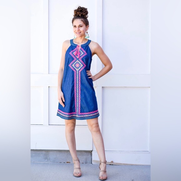 Savanah Jane Boho Blue Chambray Embroidered Sleeveless Shift Dress Sz S - Picture 1 of 14